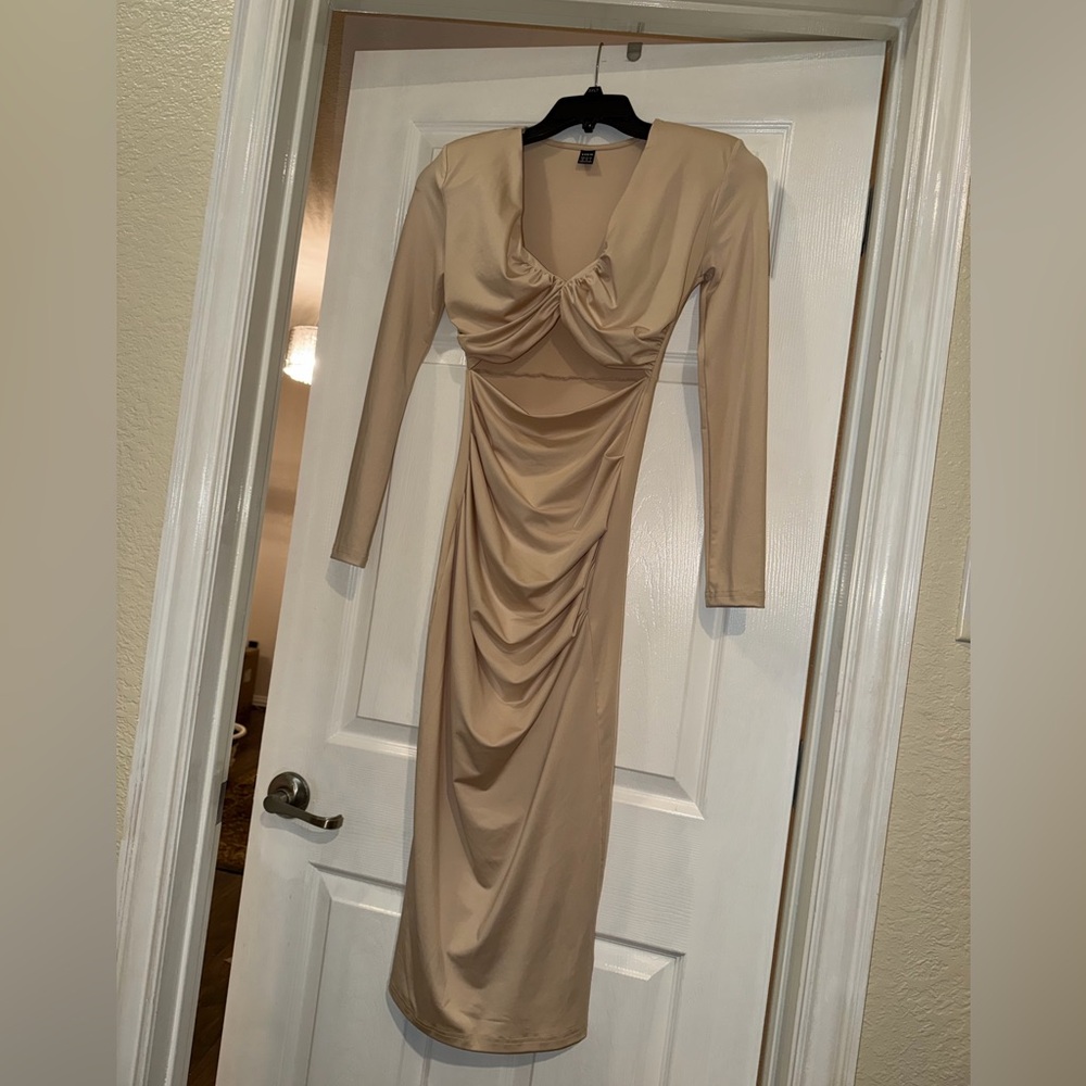SHEIN Tan Long Sleeve Draped Dress